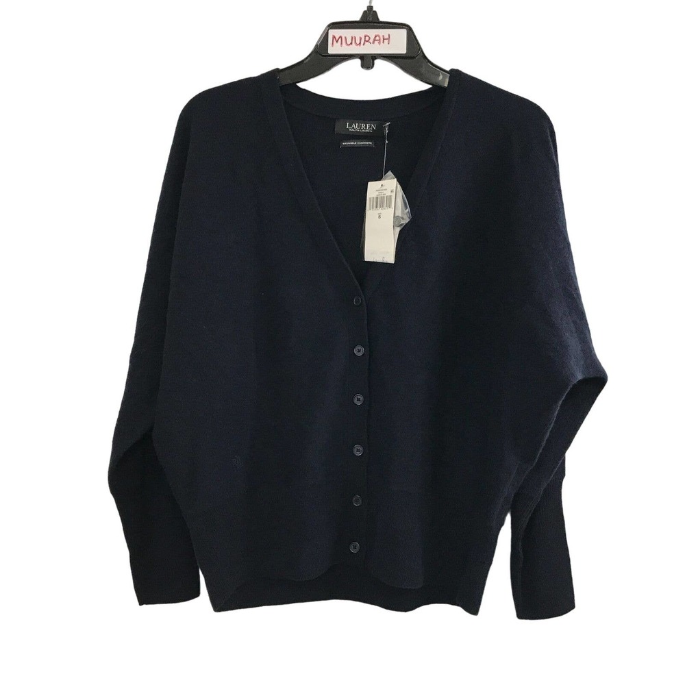Lauren Ralph Lauren Womens Navy Blue Washable Cashmere Cardigan Size S $265